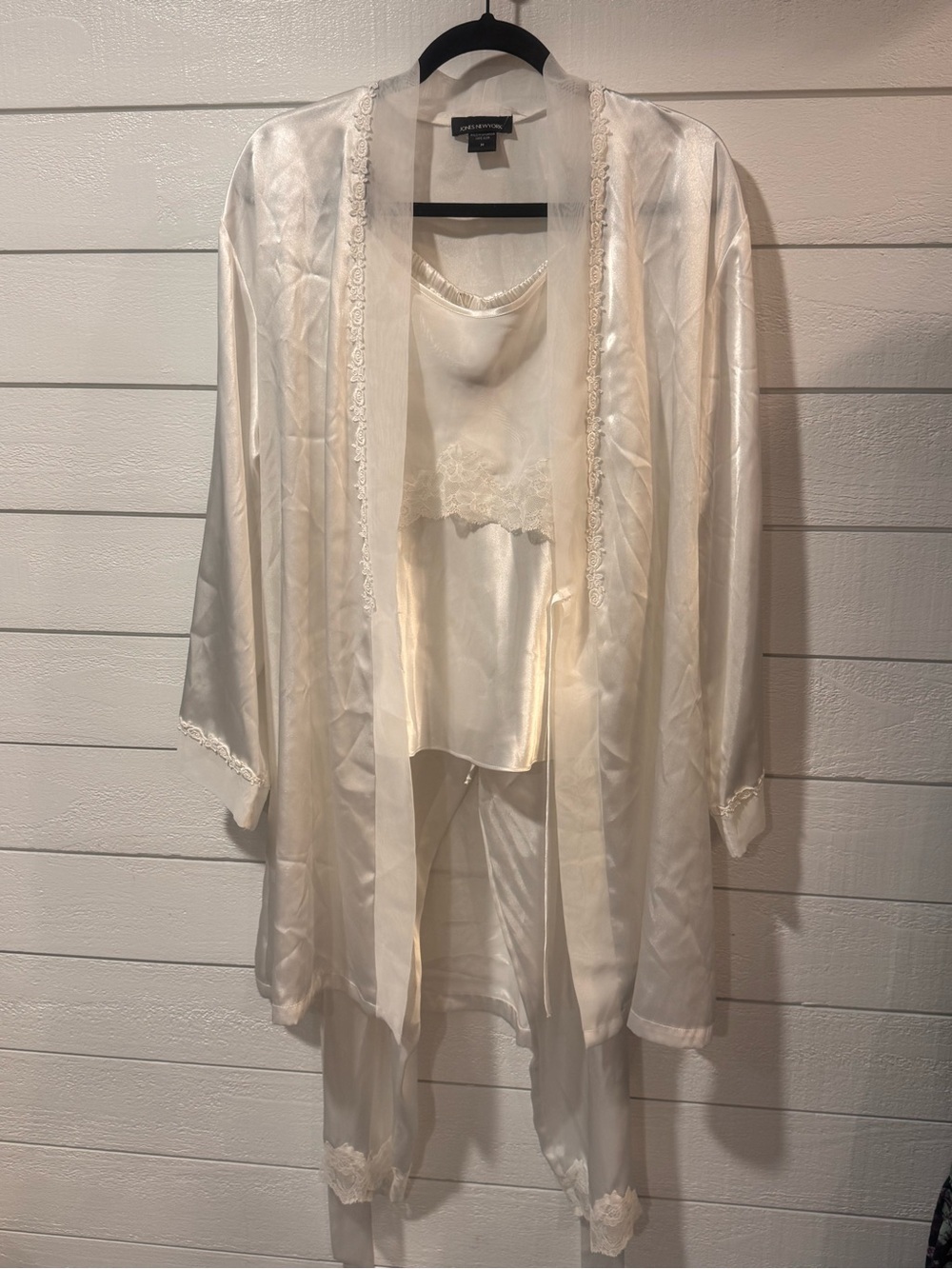 Vintage Jones New York 3-Piece Ivory Satin Lace-Trim Sleep Robe & Camisole Set